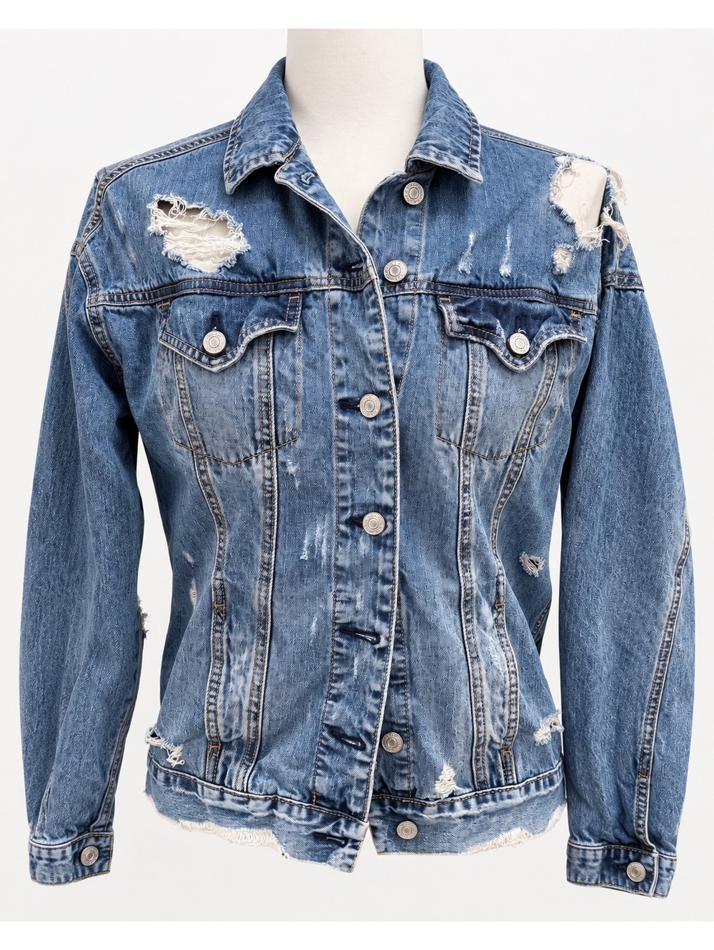 Mudd Womenโs XS Distressed Denim Jacket Y2K Ripped Grunge Jean